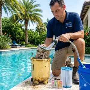 Man kneeling by a poolside, cleaning with a brush dipped into a yellow bucket; blue bucket and various cleaning tools sit nearby with palm trees in the background.