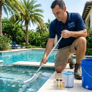 Maintenance worker kneeling by a pool, brushing the water with a long-handled net; nearby blue bucket and chemical bottles indicate pool cleaning.