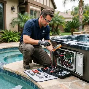 Technician servicing a hot tub control panel beside a backyard pool, using tools and wearing gloves.
